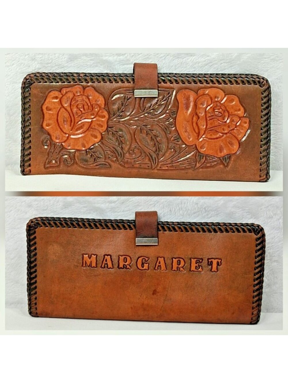 Vintage Hand Tooled Leather Wallet Western Rose Personalized Margaret Snap Close